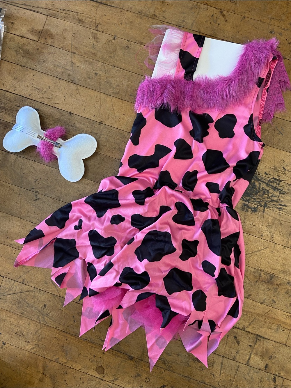 Leg Avenue Pink and Black Cow Spot Dress with Faux Fur Trim